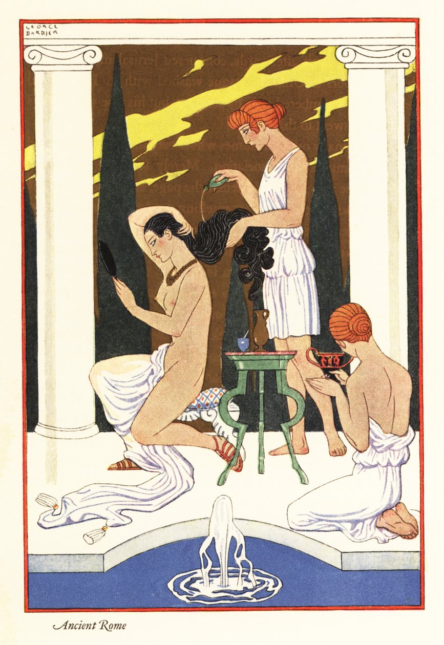 Uma escrava deita óleo perfumado no cabelo da sua amante, Roma antiga de 1928 (estampado) de Georges Barbier