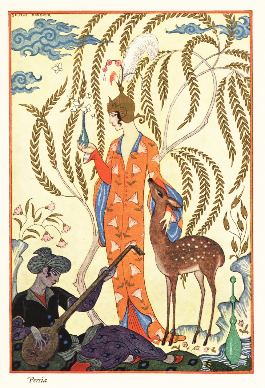 Uma mulher segura um frasco de perfume, antiga Pérsia de Georges Barbier