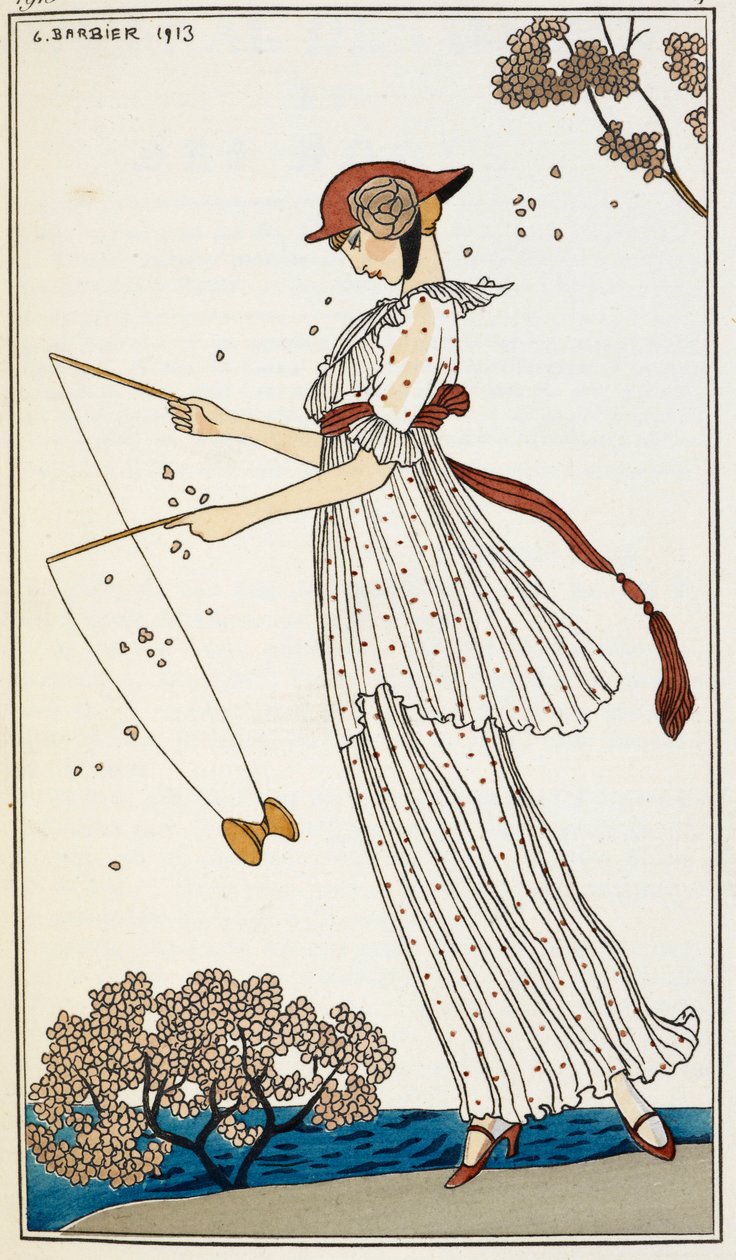 Uma mulher com um vestido de linho branco estampado, brincando com um brinquedo de Georges Barbier