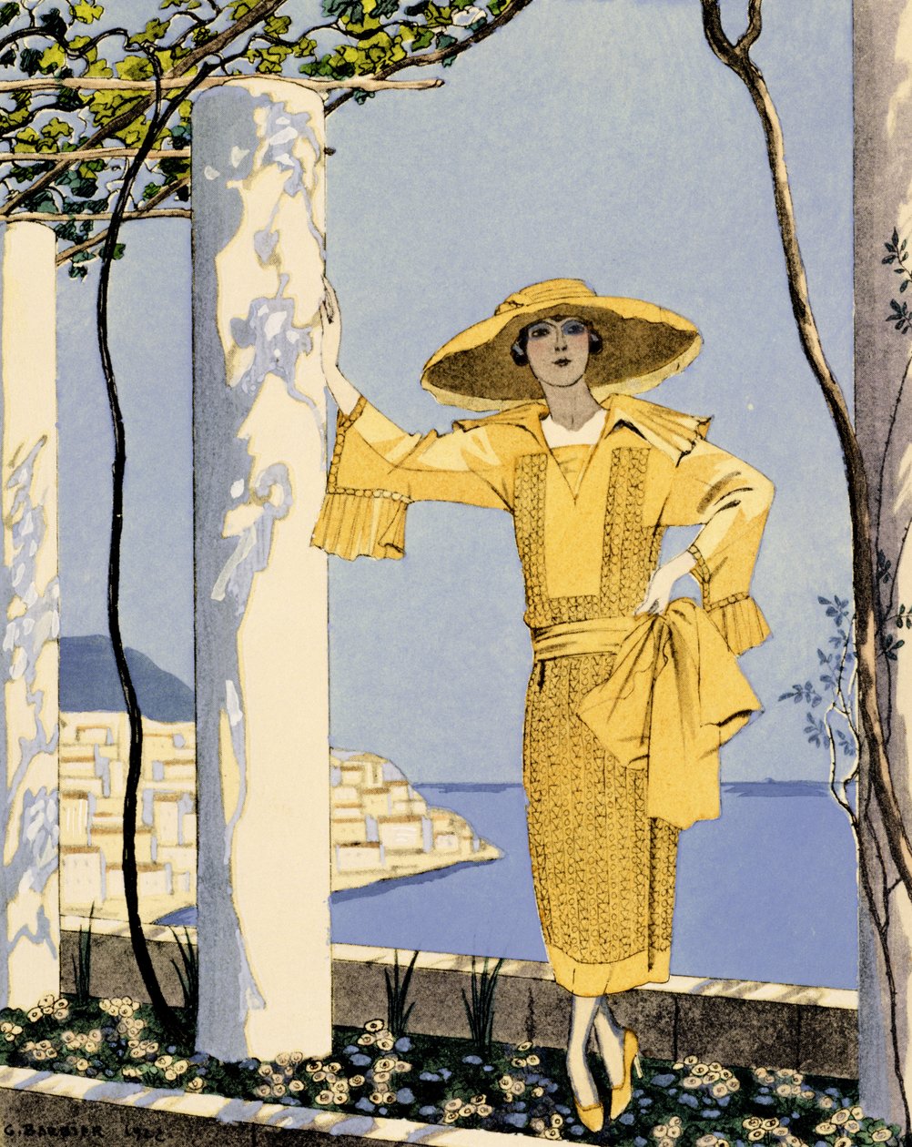 Amalfi, ilustração de uma mulher com um vestido amarelo da Worth de Georges Barbier