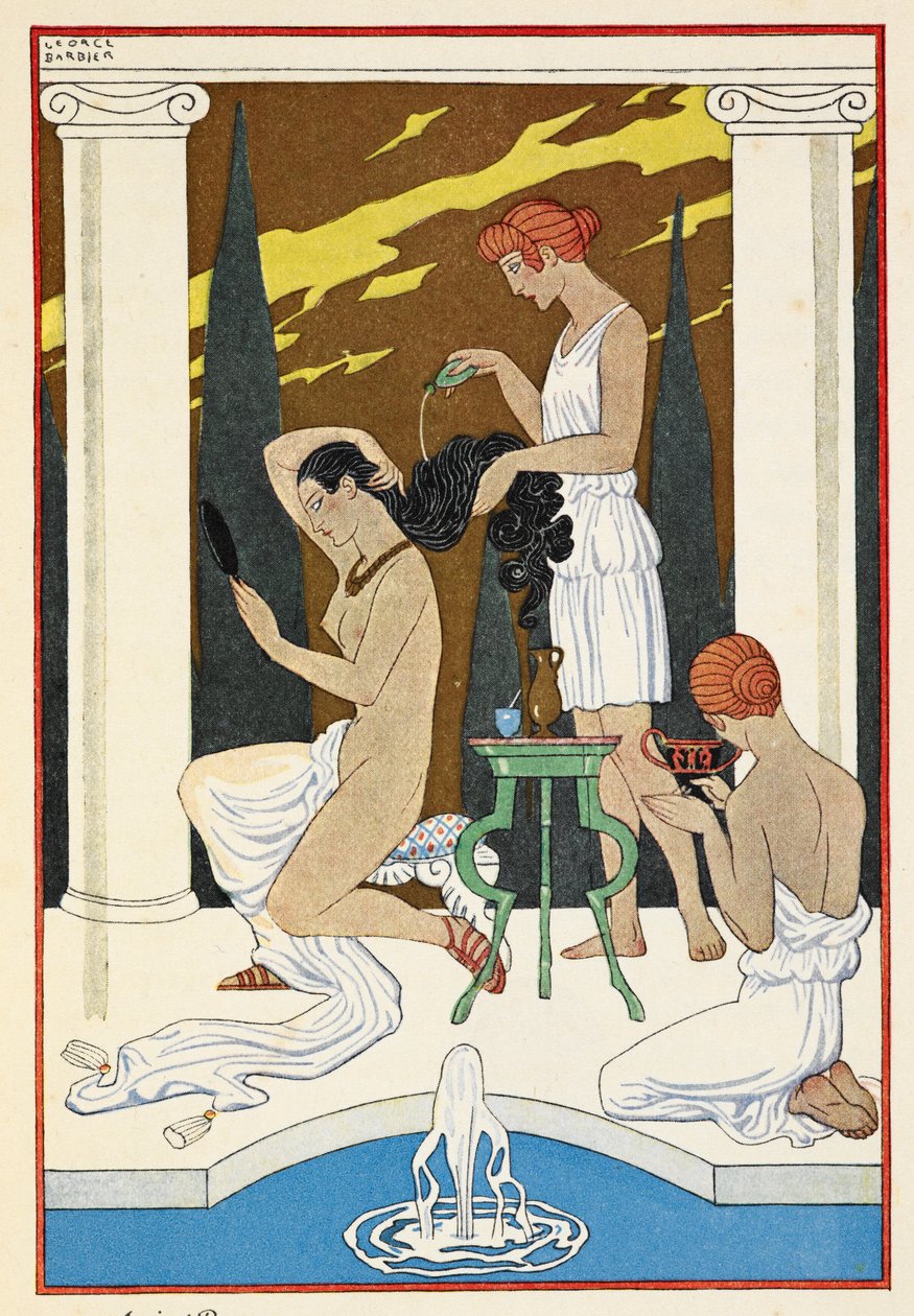 Roma Antiga. Uma personagem tendo o seu cabelo lavado por criados. de Georges Barbier