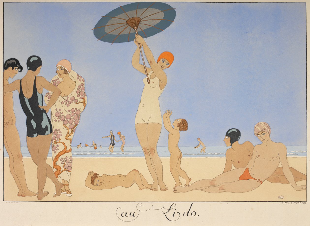 Au lido. Pessoas em uma praia. de Georges Barbier