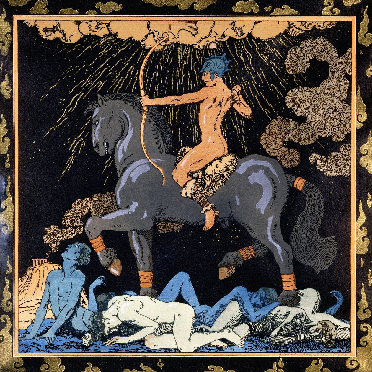 Aquele que monta o cavalo preto, c.1917-1920 (estêncil) de Georges Barbier