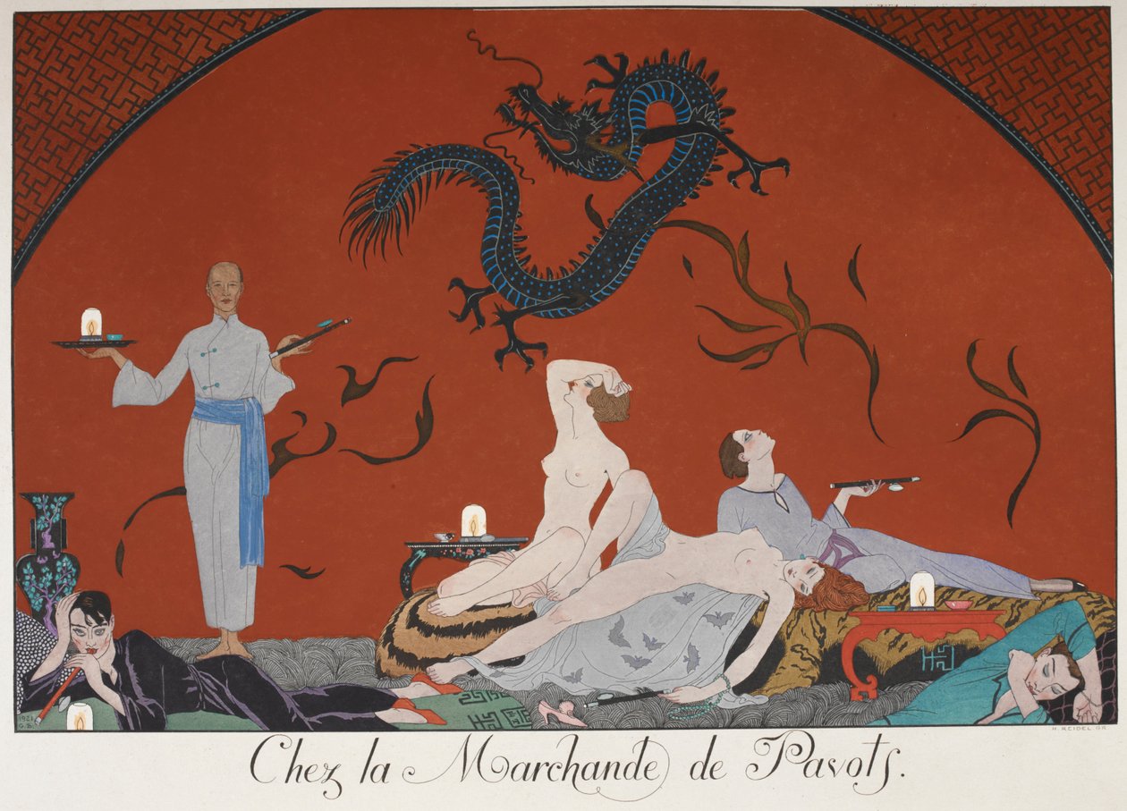 Chez la Marchande de Pasots. Pessoas, algumas nuas, deitadas em um quarto. decoração chinesa. de Georges Barbier