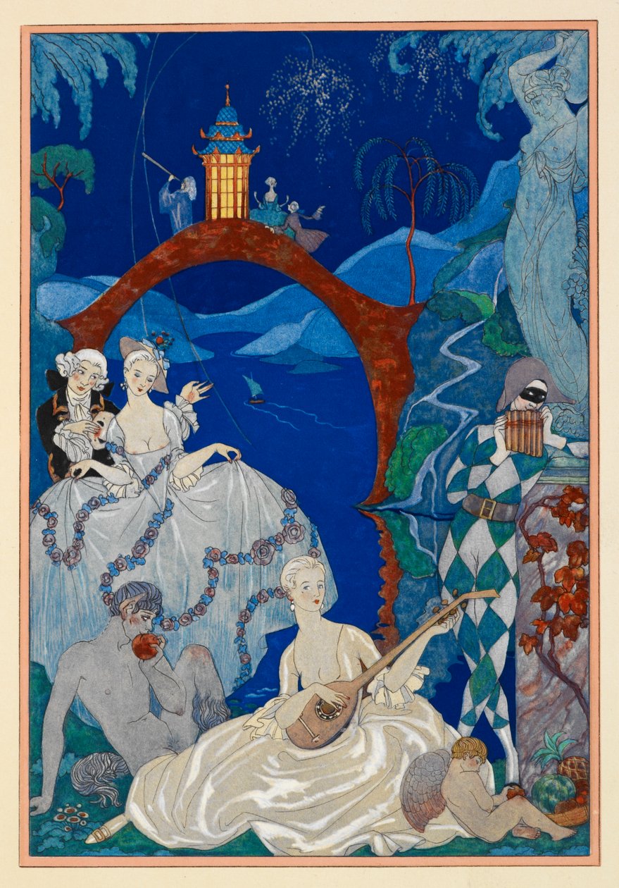Claire de Lune. Uma linda mulher que plaina um bandolim. Uma Faun sentada ao seu lado. Um arlequim. Tudo numa paisagem. de Georges Barbier