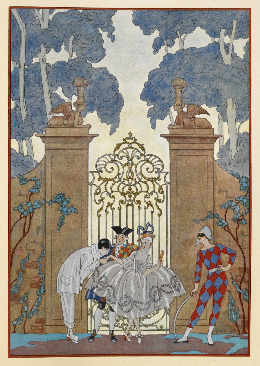 Colombine. Pessoas de pé fora de um portão. Um Pierrot. de Georges Barbier