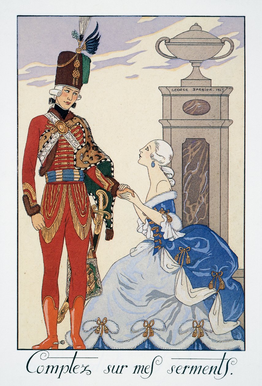 Conte com meus juramentos (serei fiel a você), hussardo húngaro, litografia de George Barbier (1882-1932), de Falbalas et Fanfreluches, Almanach des Modes Presentes, Passees et Futures de Georges Barbier