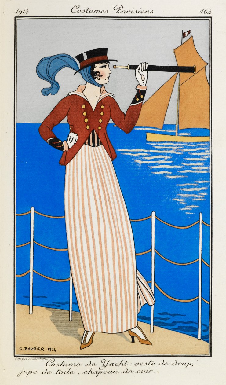 Costume de Yacht: veste de drap, jupe de toile, chapeau de cuir. Uma mulher vestindo um fato de iate: casaco de pano vermelho, saia de linho às riscas, chapéu de couro e lenço azul. Ela está a usar um telescópio, apontando para o barco no fundo. Fantasias  de Georges Barbier