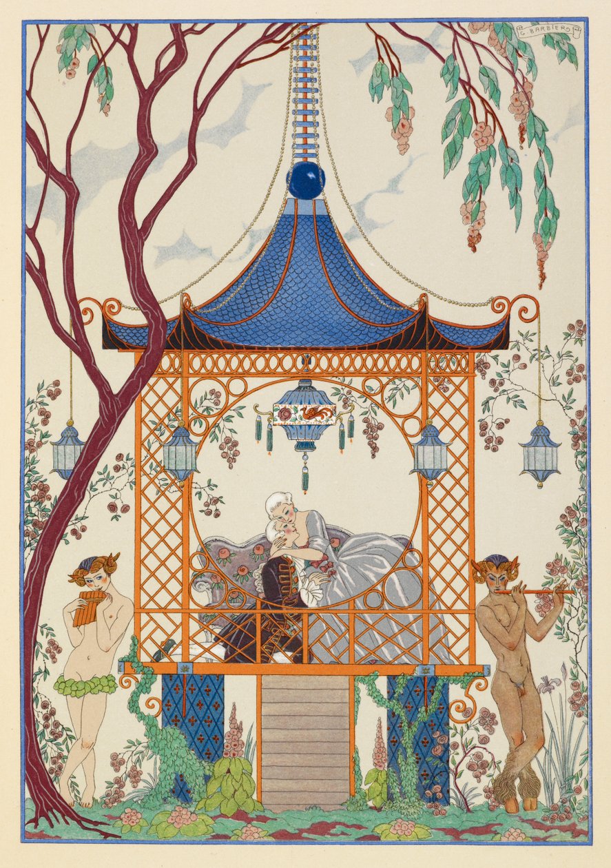 Cythère. Um homem e uma mulher em um pavilhão, abraçados. Criaturas míticas lá fora, tocando flauta. de Georges Barbier