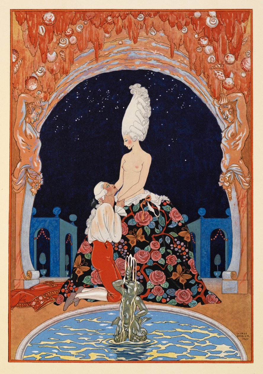 Dans la Grotte. Um homem ajoelhado diante de uma mulher seminua, junto a uma fonte. de Georges Barbier