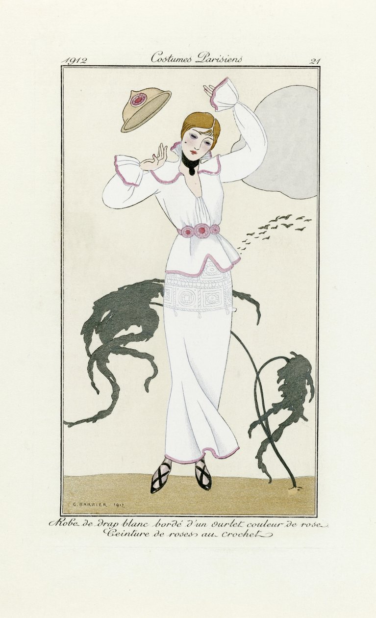 Desenho para Vestido Branco com Guarnição Rosa e Cinto de Croché, de Costumes Parisien, pub.1912 (pochoir print) de Georges Barbier