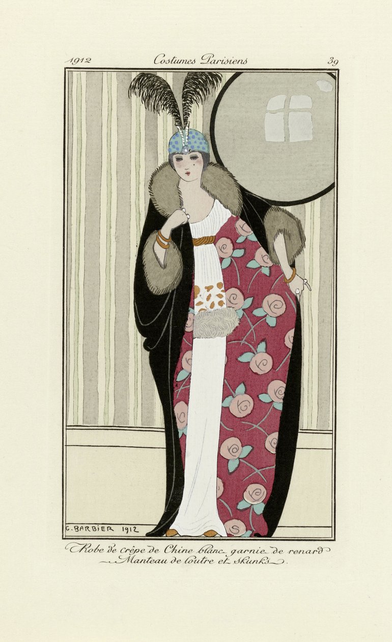 Desenho para vestido feito de Crepe de Chine e Casaco de Pele, da Costumes Parisien, pub.1912 (estampa pochoir) de Georges Barbier