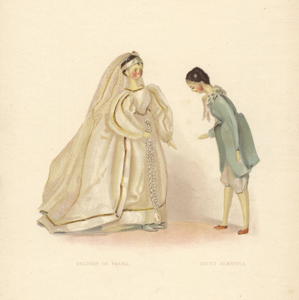 Bonecas da Duquesa de Parma e do Conde Almaviva, do Barbeiro de Sevilha, vestidas pela jovem Princesa Vitória. Placa colorida depois de uma ilustração de Alan Wright de Frances H. Low