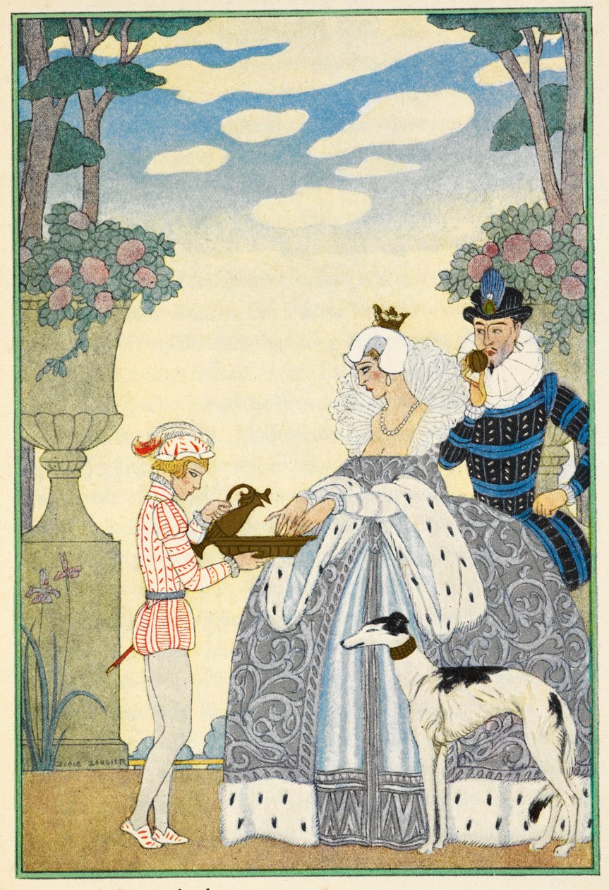 Elizabethan England. Uma dama e um gemelheiro, e um criado. Um galgo. de Georges Barbier
