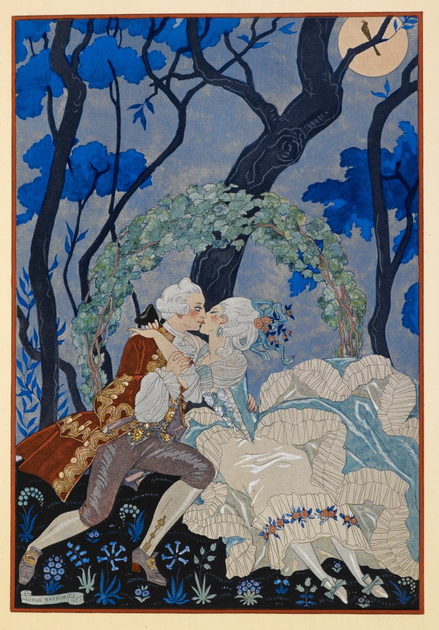 En Sourdine. Um homem e uma mulher a beijarem-se sob a luz da lua. de Georges Barbier