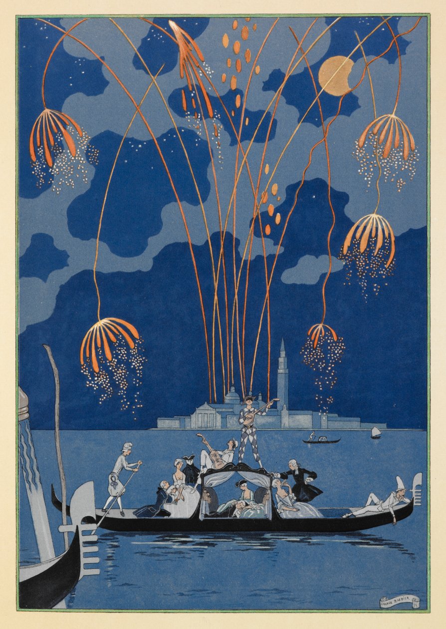 Em bateau. Fogos de artifício em Veneza. Pessoas em uma gôndola. de Georges Barbier