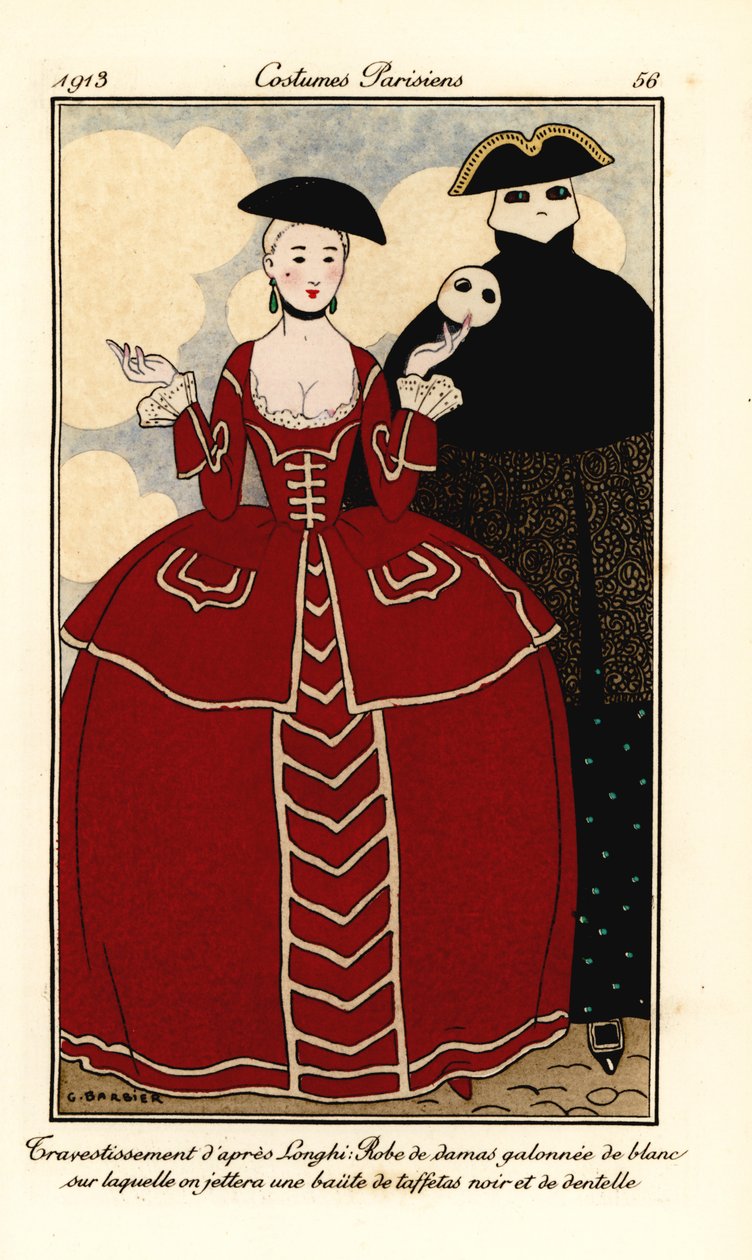 Trajes de fantasia da Longhi. Mulher em vestido adamascado debruado de branco, capa de tafetá preto e renda. Travesties após Longhi: vestido adamascado debruado de branco sobre o qual jogaremos uma baita de tafetá preto e renda. Bolso colorido à mão de Georges Barbier