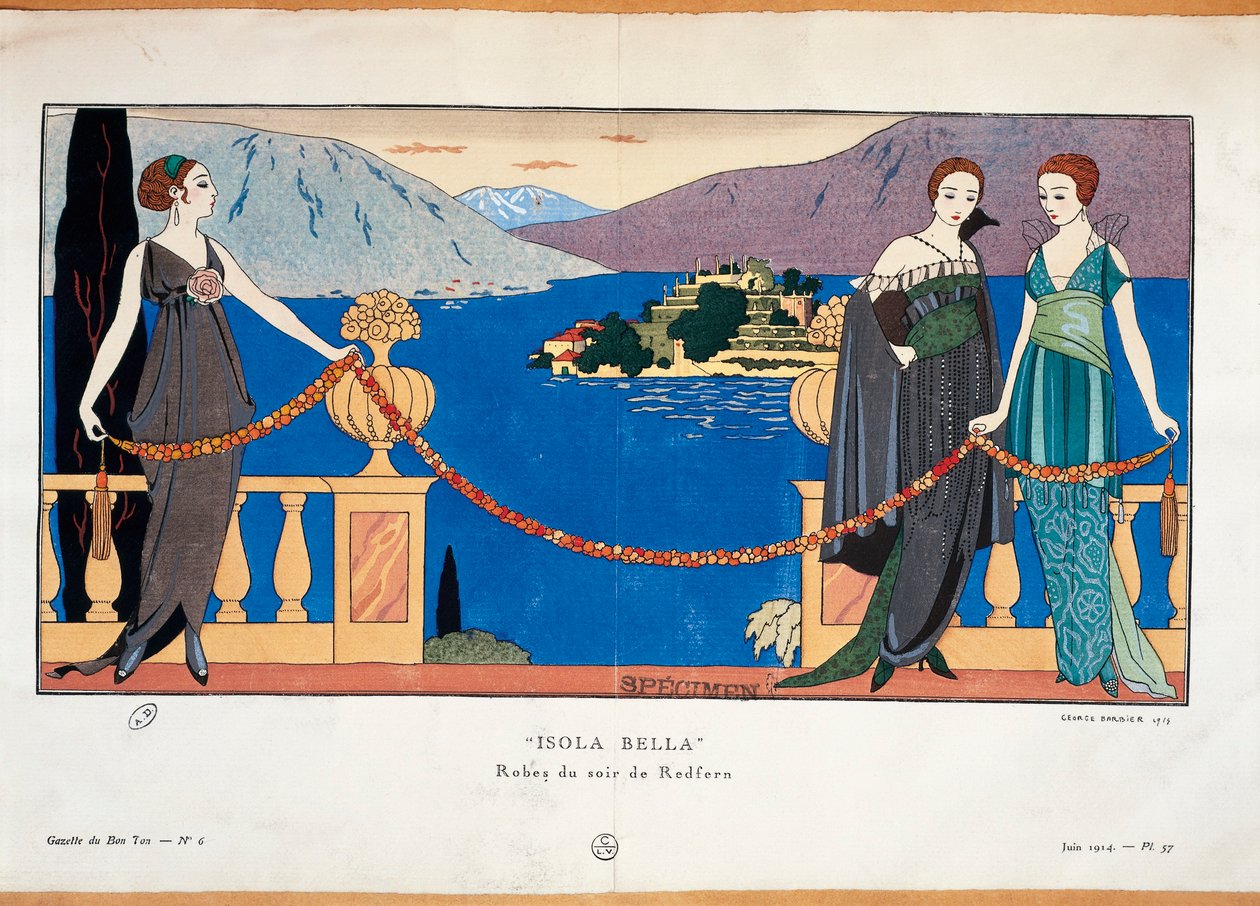 Prato de moda de Georges Barbier representando senhoras em vestido de noite Redfern e Borromean Isola Bella no jornal de alta costura parisiense de fundo Gazette du Bon Ton de Georges Barbier