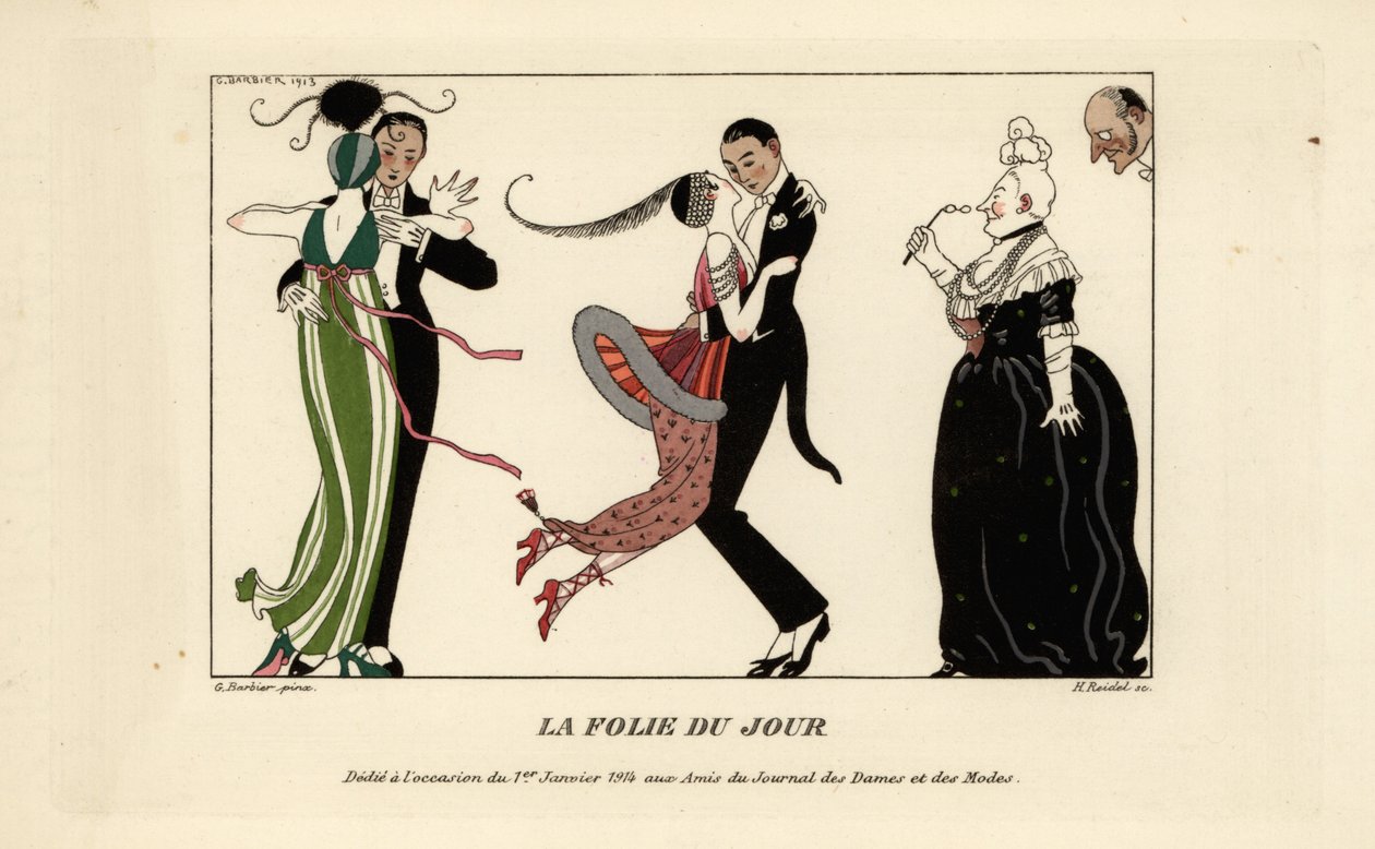 Casais da moda dançando energicamente em um baile de Georges Barbier