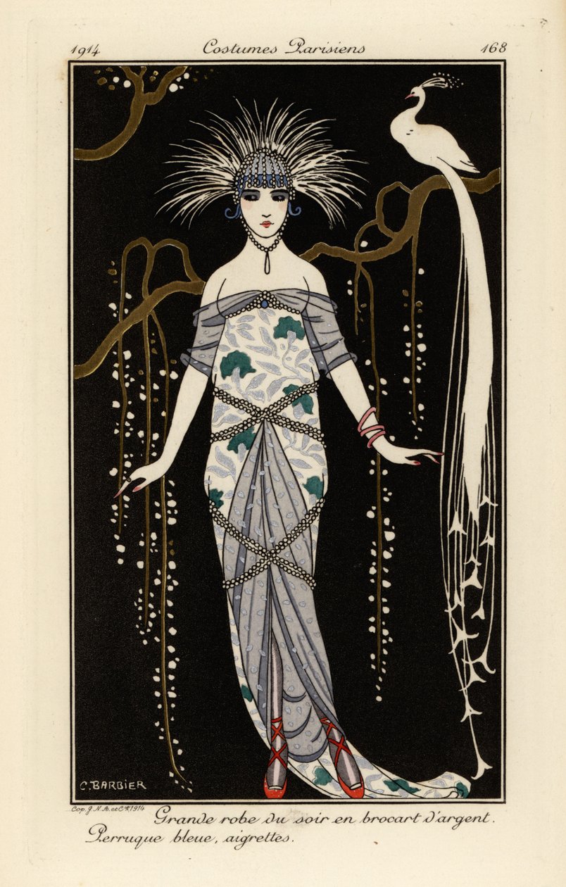 Grande vestido de noite em brocado de prata, peruca azul e penas. de Georges Barbier
