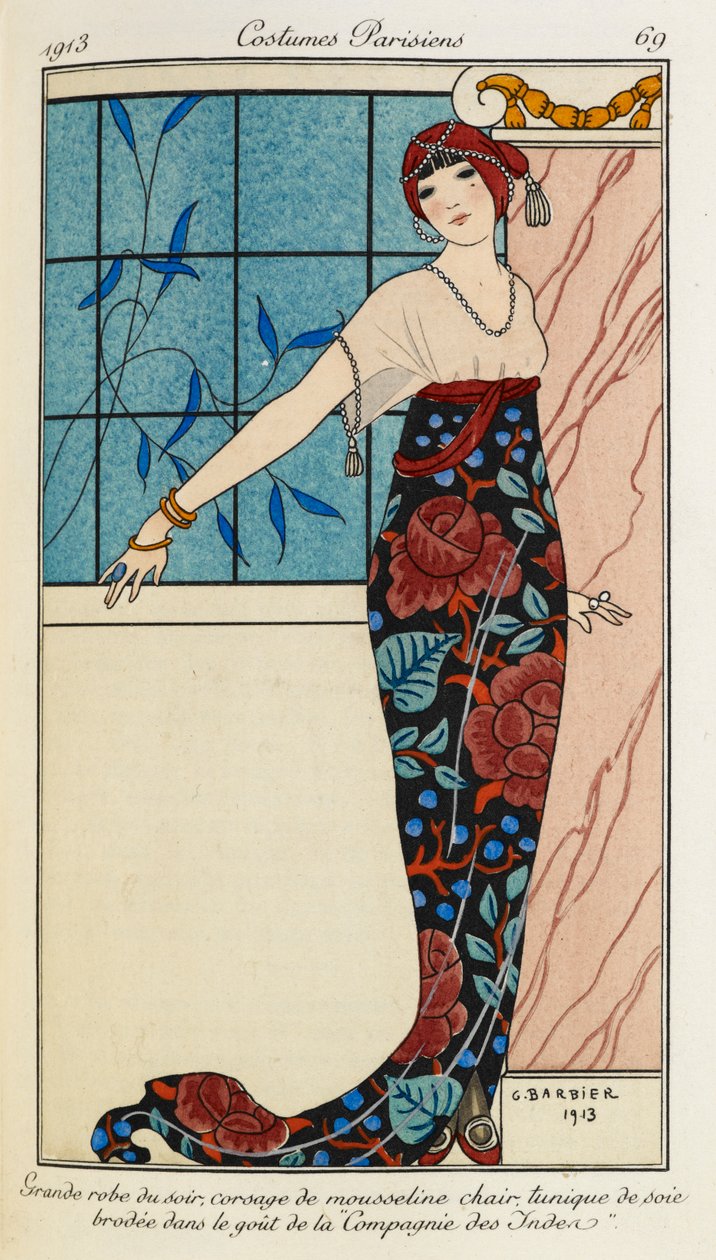 Grande robe du soir, corsage de mousseline chair tunique de soie brodée dans la goÃ "t de la "Compagnie des Inden". Fantasias Parisiens no.69. Mulher com um vestido de noite com um corpete de chiffon e uma túnica bordada em seda. Também está a usar um lenç de Georges Barbier