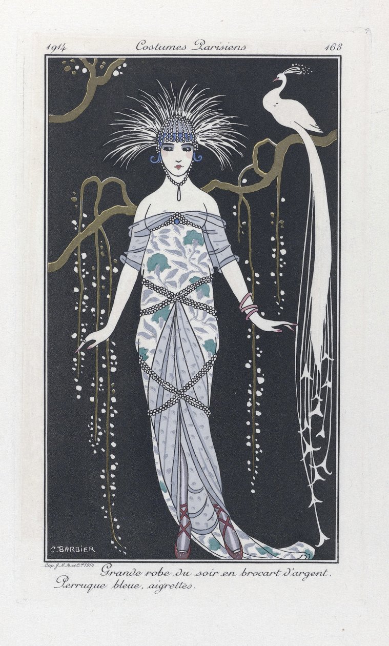 Grande vestido de noite em brocado de prata. Cabeleira azul, aigrettes, de Costumes Parisiens, pub.1914 (estampa stencil) de Georges Barbier