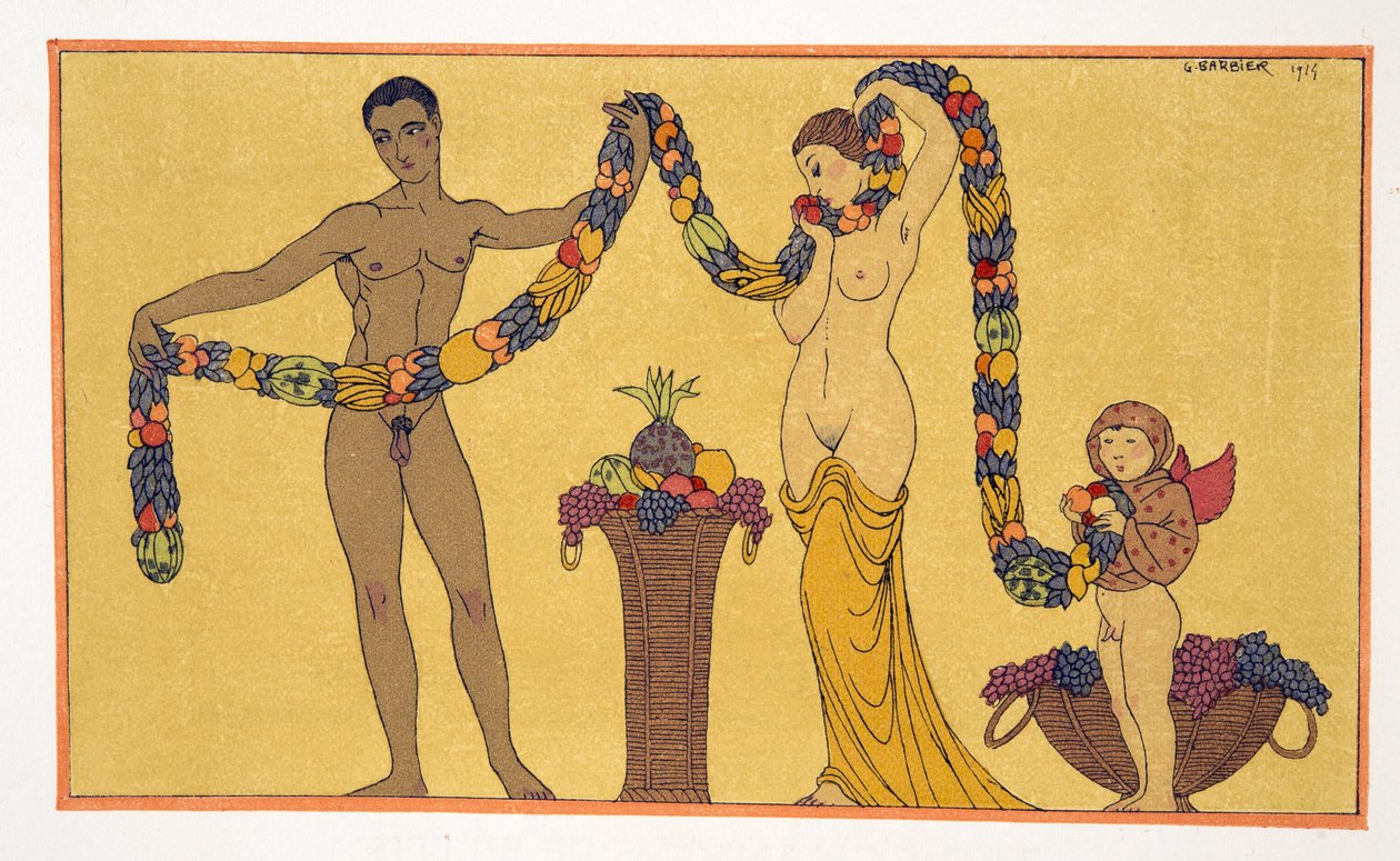 Ilustração de Les Chansons de Bilitis, de Pierre Louys, pub. 1922 (impressão pochoir) de Georges Barbier