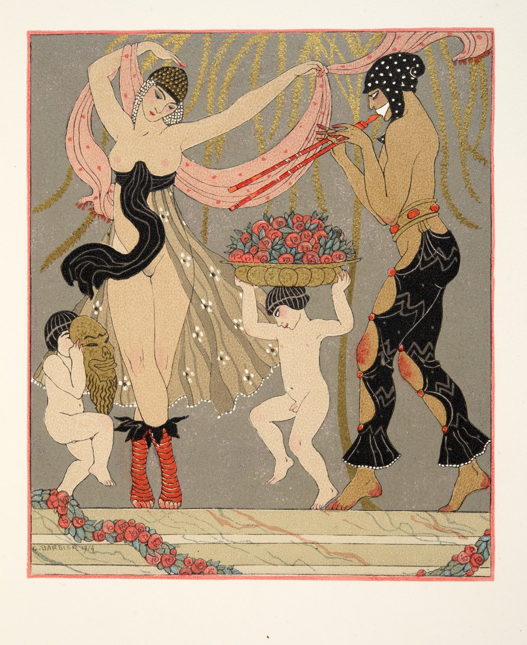 La Danse des Fleurs, ilustração de Les Chansons de Bilitis, de Pierre Louys, pub. 1922 (impressão a estêncil) de Georges Barbier