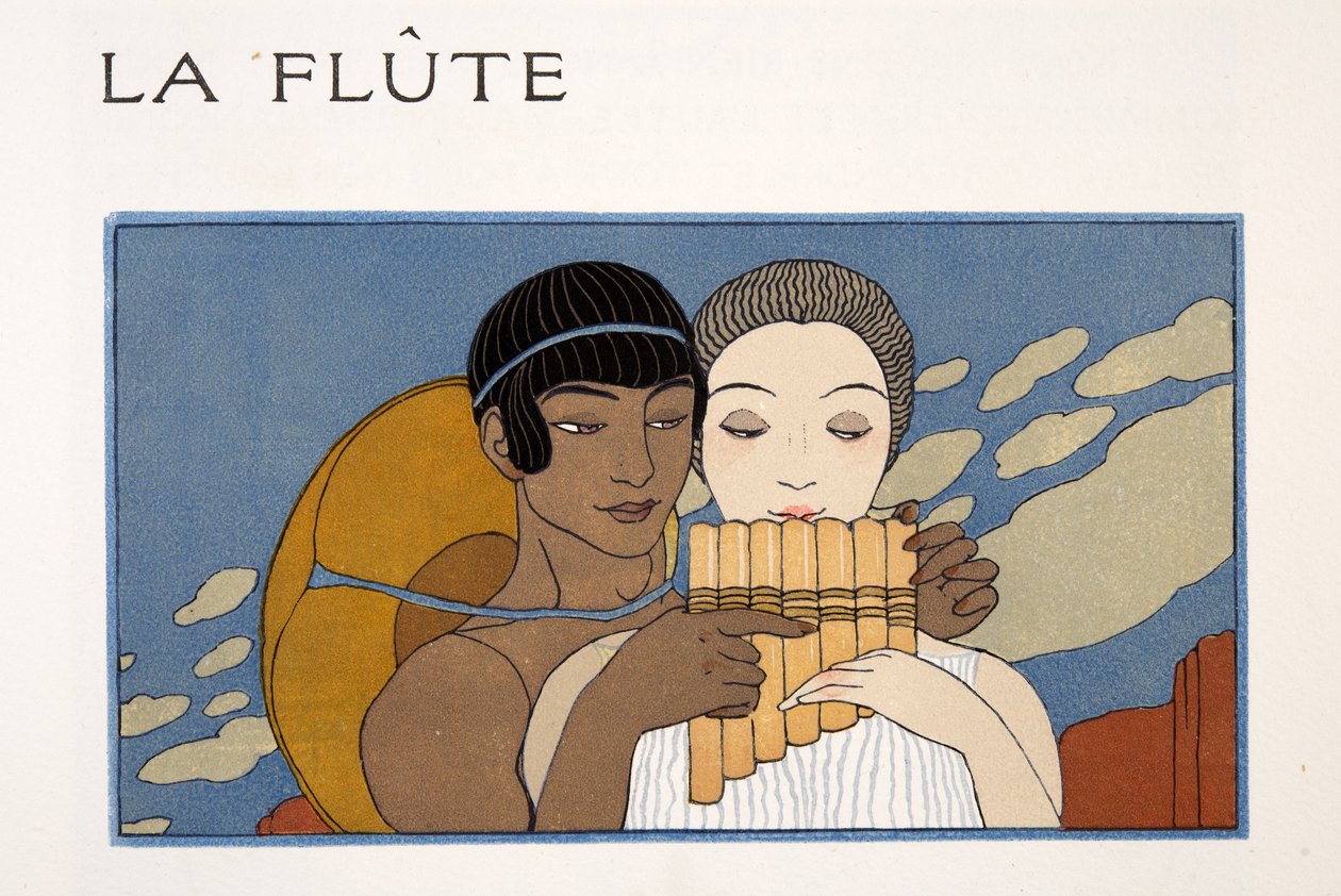 La Flute, ilustração de Les Chansons de Bilitis, de Pierre Louys, pub. 1922 (impressão a estêncil) de Georges Barbier
