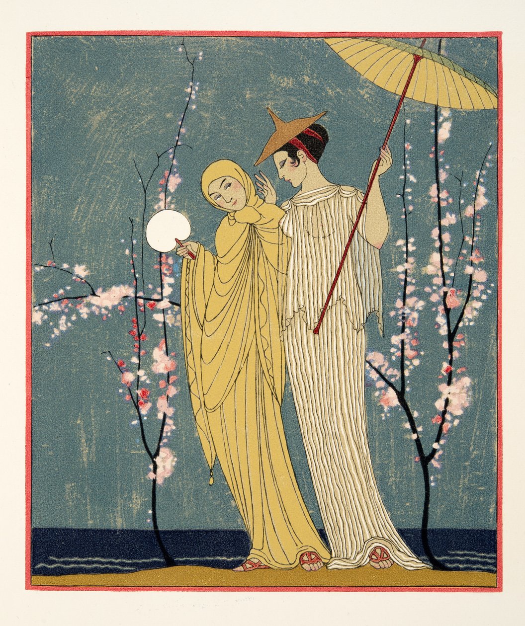 La Rencontre, ilustração de Les Chansons de Bilitis, de Pierre Louys, pub. 1922 (impressão a estêncil) de Georges Barbier