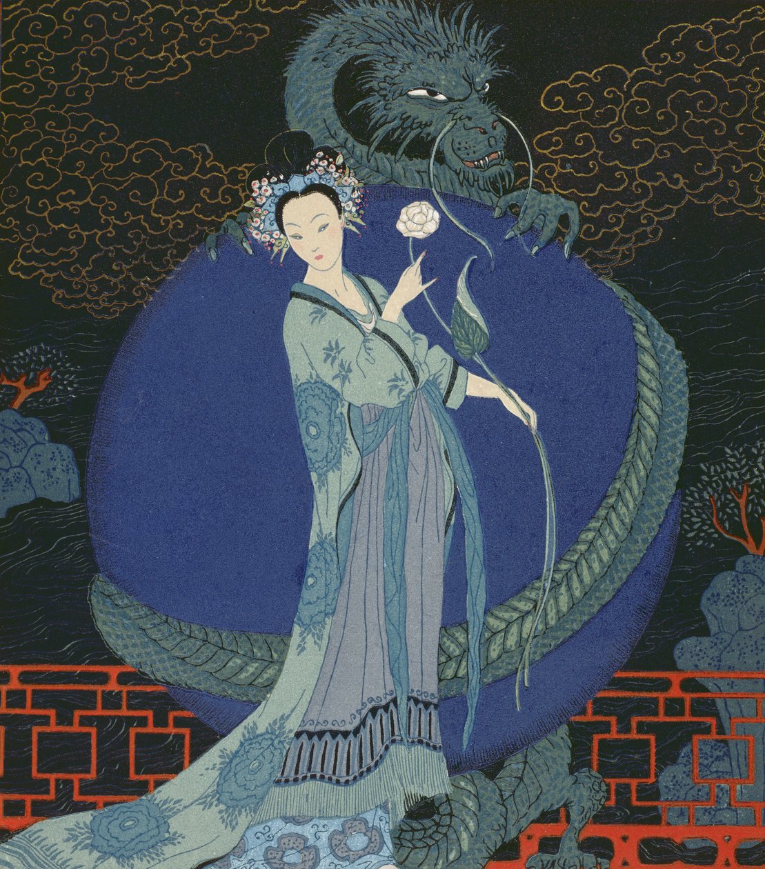 Lady with a Dragon (lito colorido) de Georges Barbier