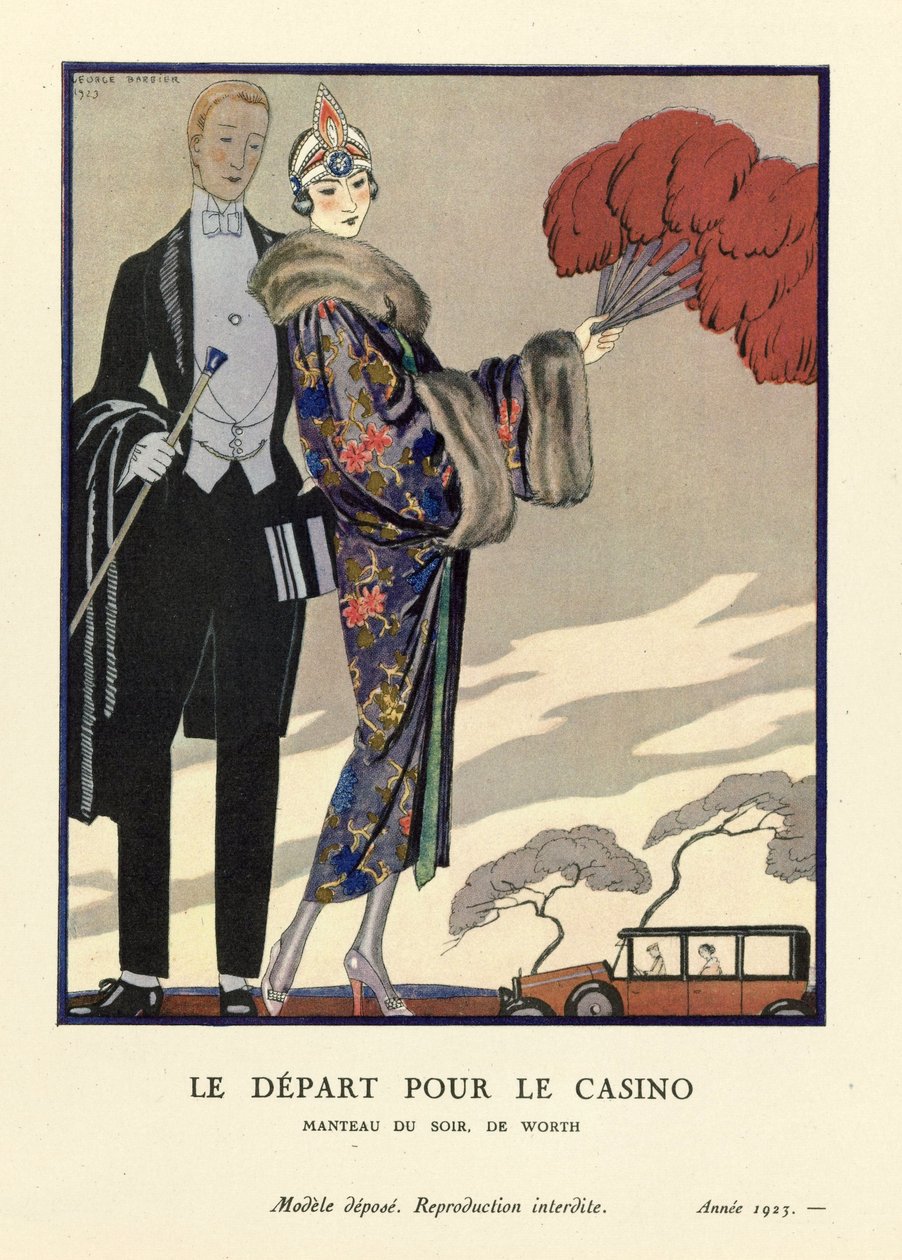 A partida para o Casino, pub. 1923 (impressão em estêncil) de Georges Barbier