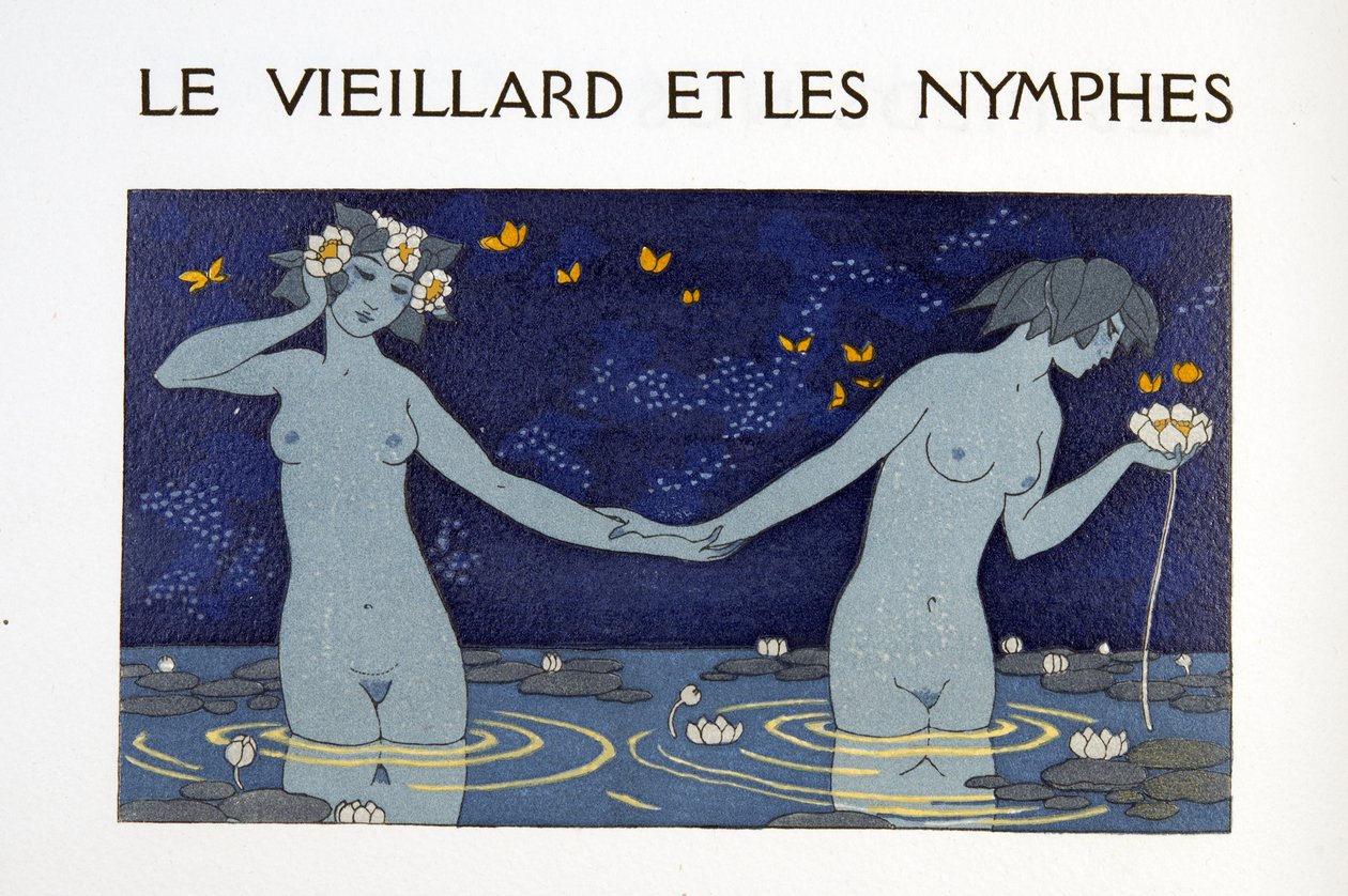 Le Vieillard et les Nymphes, ilustração de Les Chansons de Bilitis, de Pierre Louys, pub. 1922 (impressão a estêncil) de Georges Barbier