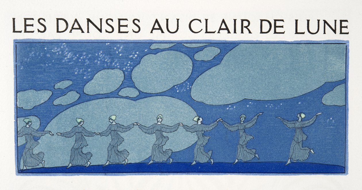 Les Danses au Clair de Lune, ilustração de Les Chansons de Bilitis, de Pierre Louys, pub. 1922 (impressão a estêncil) de Georges Barbier