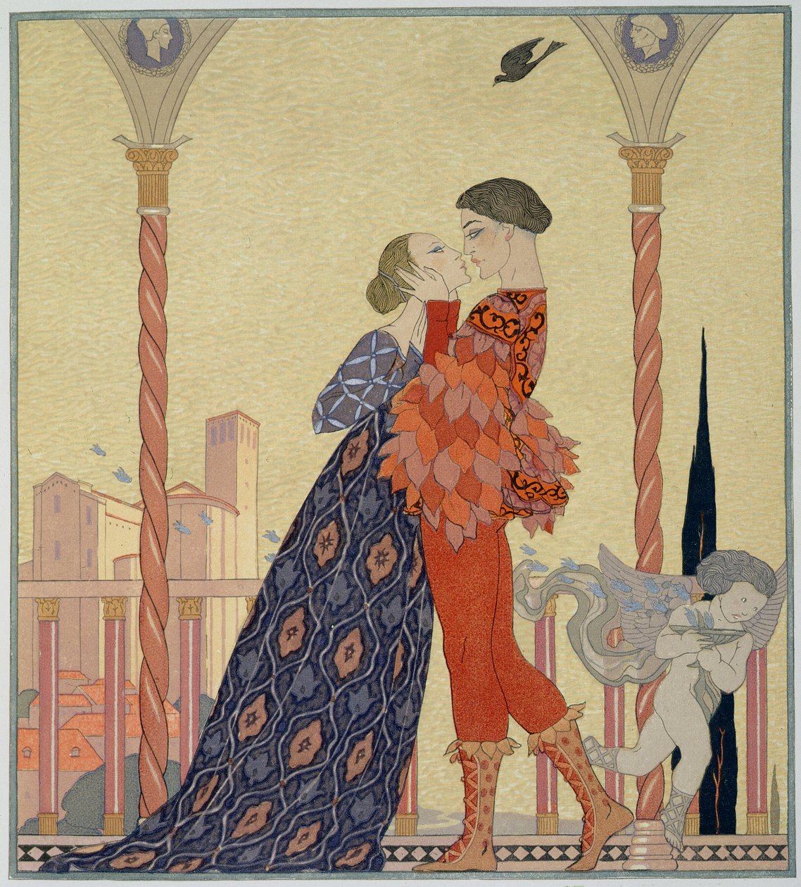 Amantes numa Varanda (aguarela sobre papel) de Georges Barbier
