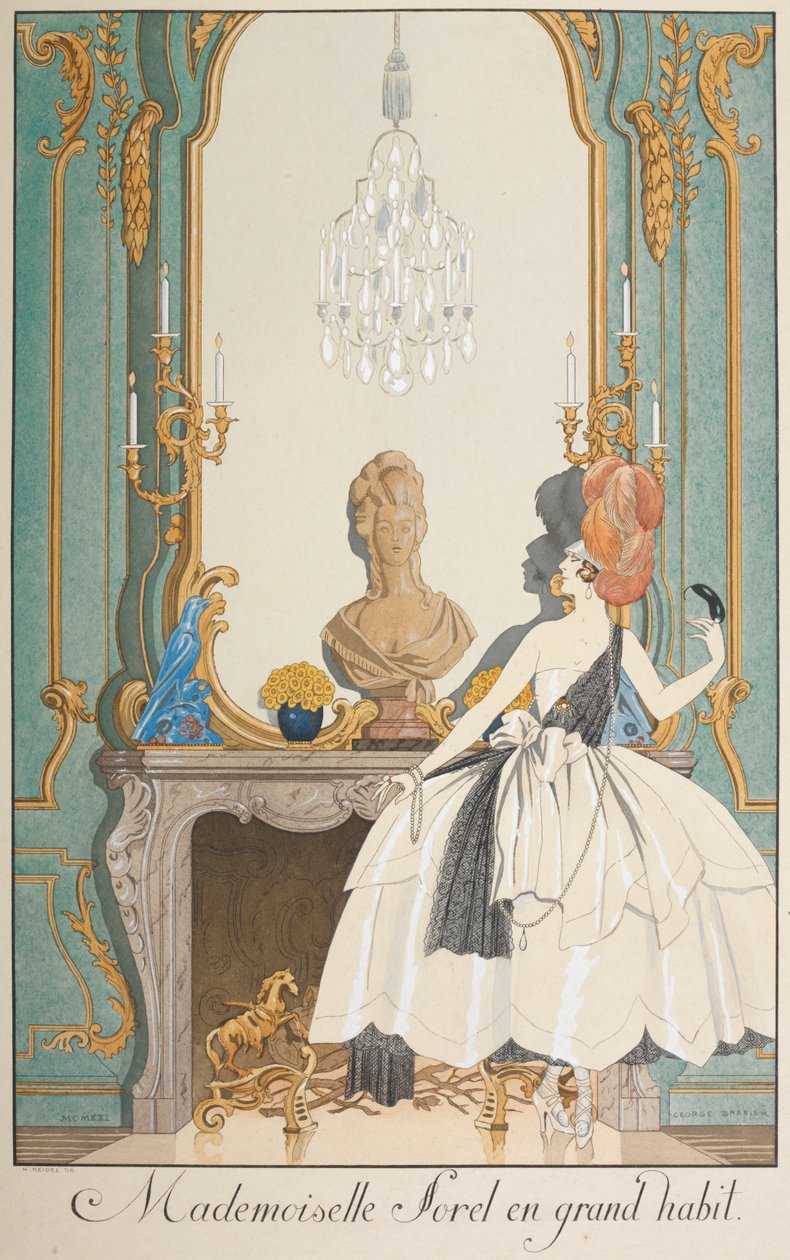 Mademoiselle Sorel com grande hábito. Uma mulher de pé em frente a uma lareira. de Georges Barbier