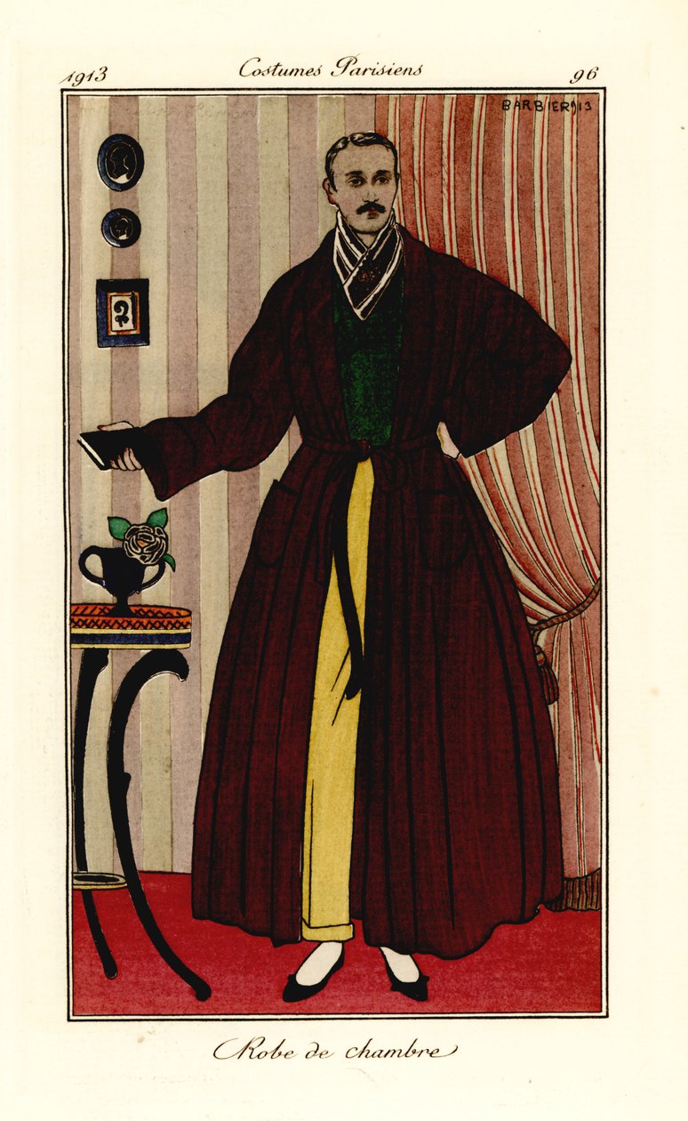 Homem de roupão sobre calças amarelas e colete verde. Vestido formal. Pochoir colorido à mão (estêncil) gravura após uma ilustração de George Barbier do Journal des Dames et des Modes de Tommaso Antongini, Aux Bureaux du Journal des Dames, Paris de Georges Barbier