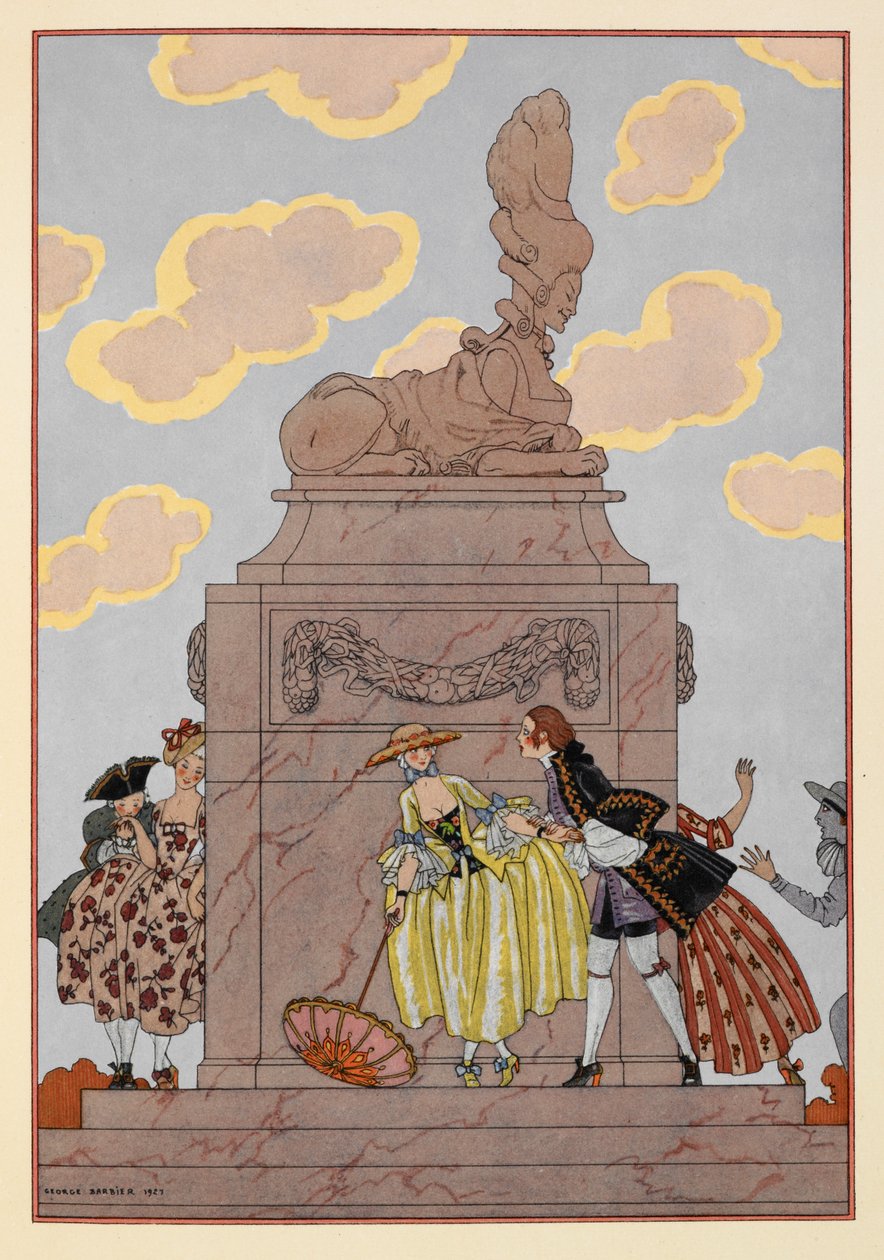 Mandolina. Pessoas em redor de um monumento. uma mulher segura um guarda-sol. Nuvens significativas. de Georges Barbier