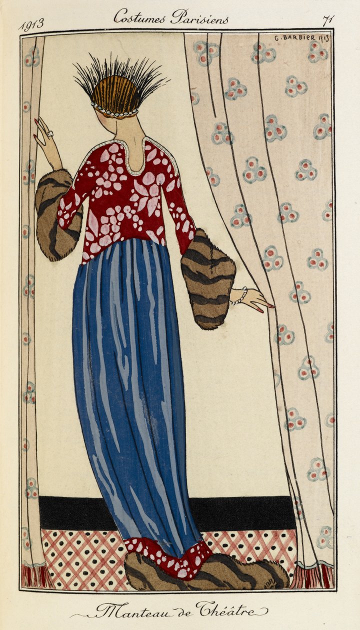 Manteau de Théâtre. Fantasias Parisiens no.71. A mulher veste um vestido vermelho com uma saia azul aparada com pêlo. Ela está também a usar um vestido com penas em preto e prata. de Georges Barbier