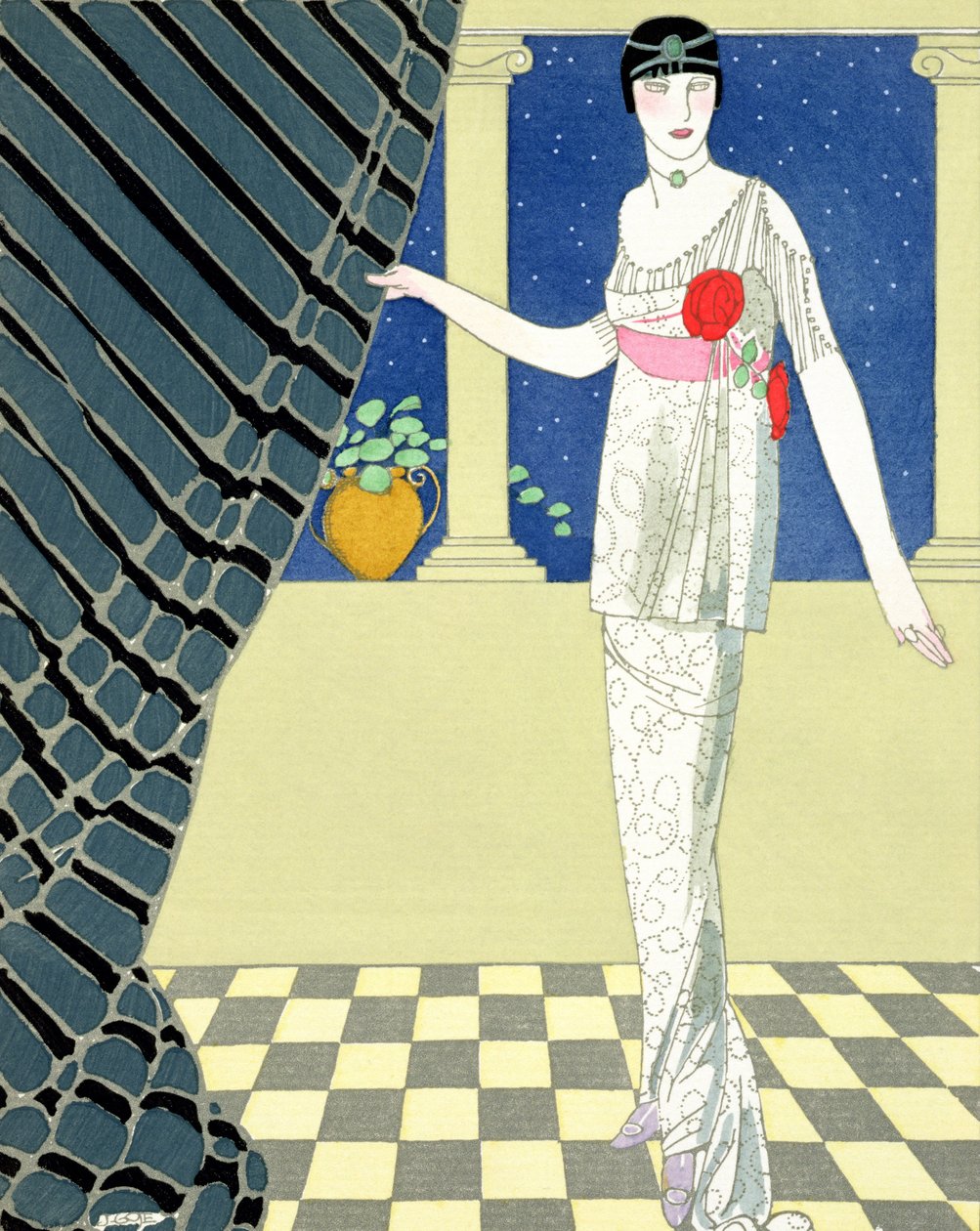 Meus convidados não chegaram, ilustração de uma mulher em um vestido de Redfern (impressão pochoir) de Georges Barbier