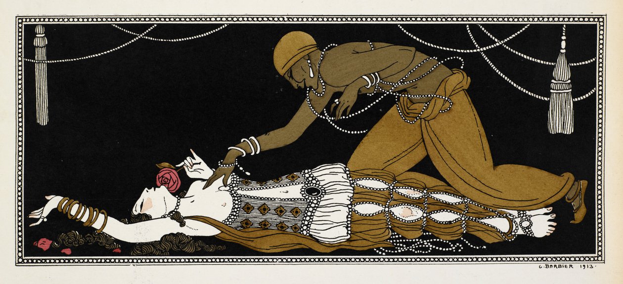 Nijinsky como a Escrava Dourada em Sheherazade, uma suíte sinfônica composta por Nikolai Rimsky-Korsakov em 1888. Sheherazade está aqui em seu leito de morte, a escrava dourada debruçada sobre ela de Georges Barbier