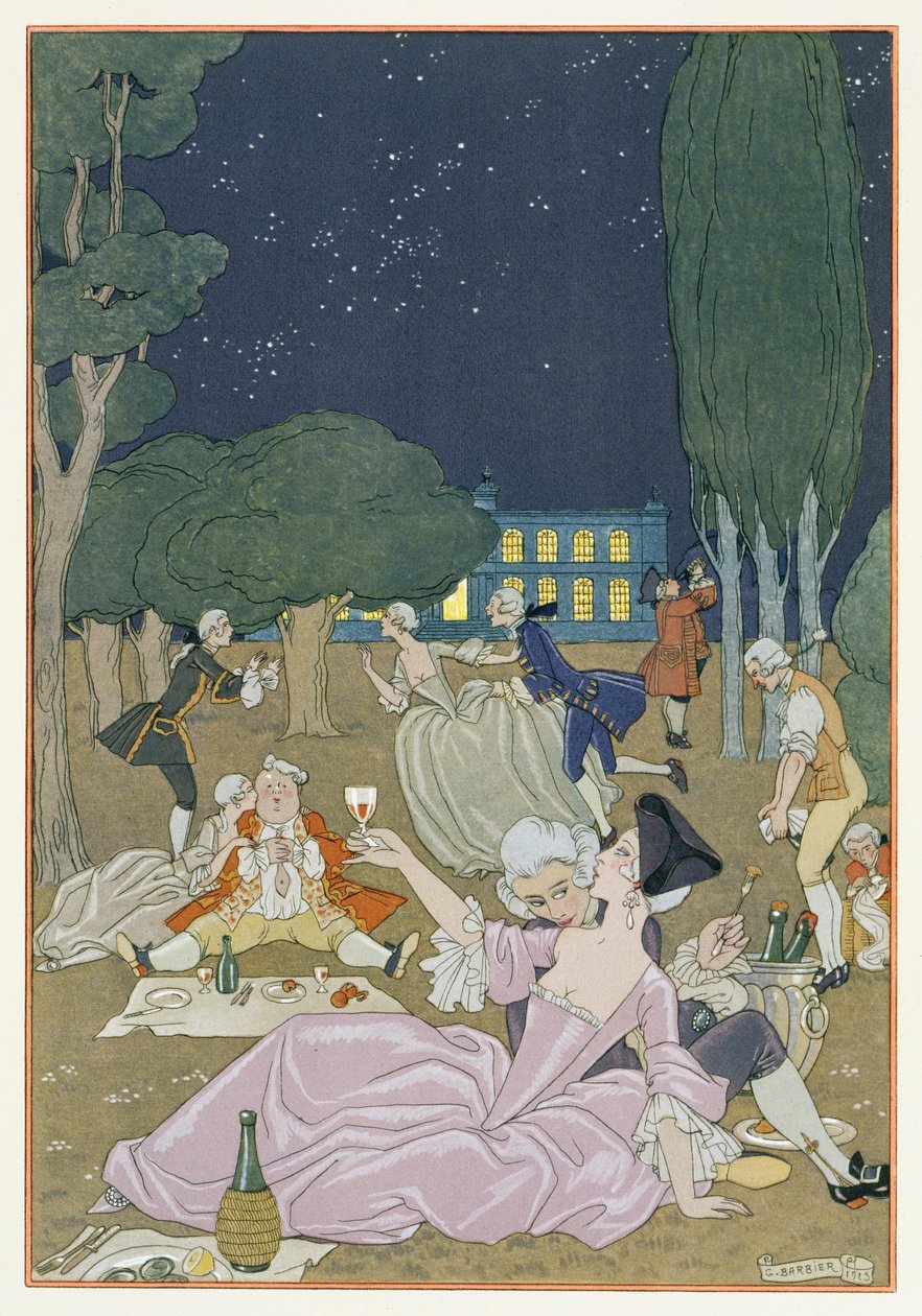 Sobre a relva, ilustração para "Fetes Galantes" de Paul Verlaine (1844-96) 1923 (pochoir print) de Georges Barbier