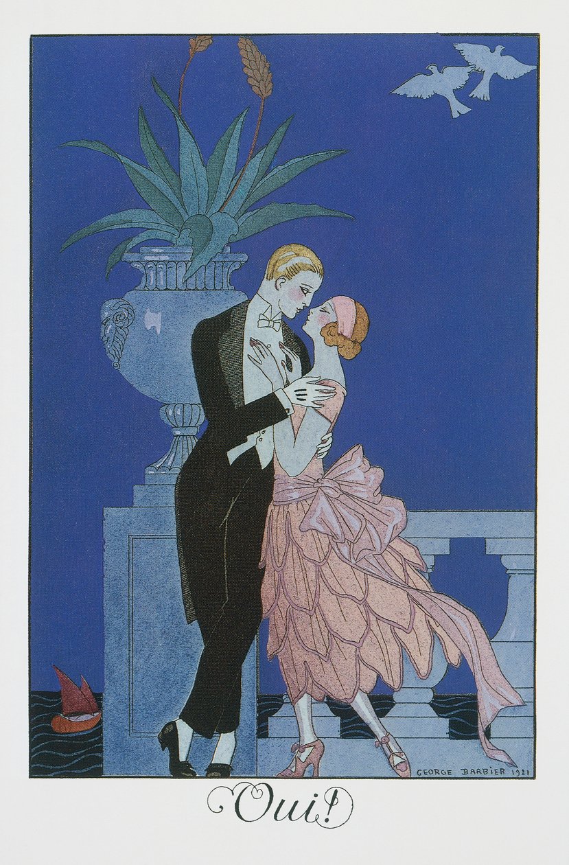 Oui, Dois jovens noivos em vestido de noite, litografia de George Barbier (1882-1932), de Falbalas et Fanfreluches, Almanach des Modes Presentes, Passees et Futures de Georges Barbier