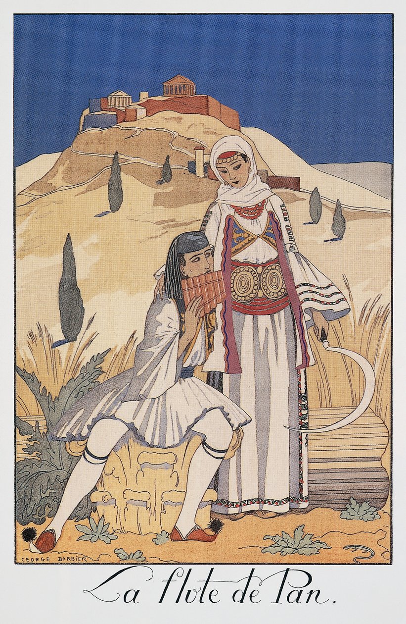 Pan flautista representando trajes tradicionais gregos de Georges Barbier