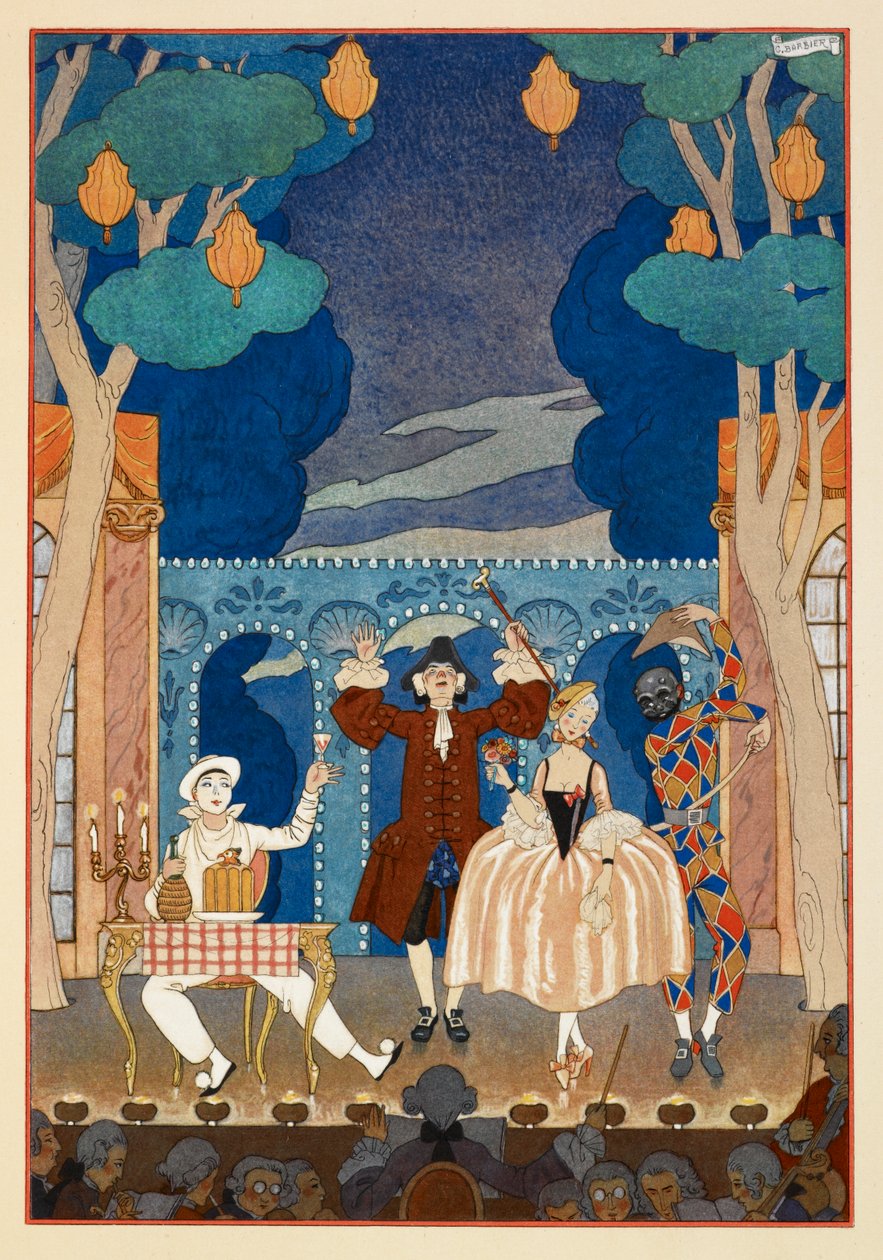 Pantomima. Pierrô e Arlequim. Um homem e uma mulher bonita. Tudo em um palco. de Georges Barbier