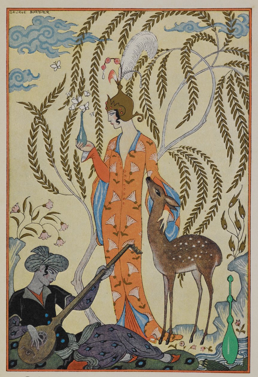 Pérsia. Uma mulher com um fulvo. Um músico. de Georges Barbier