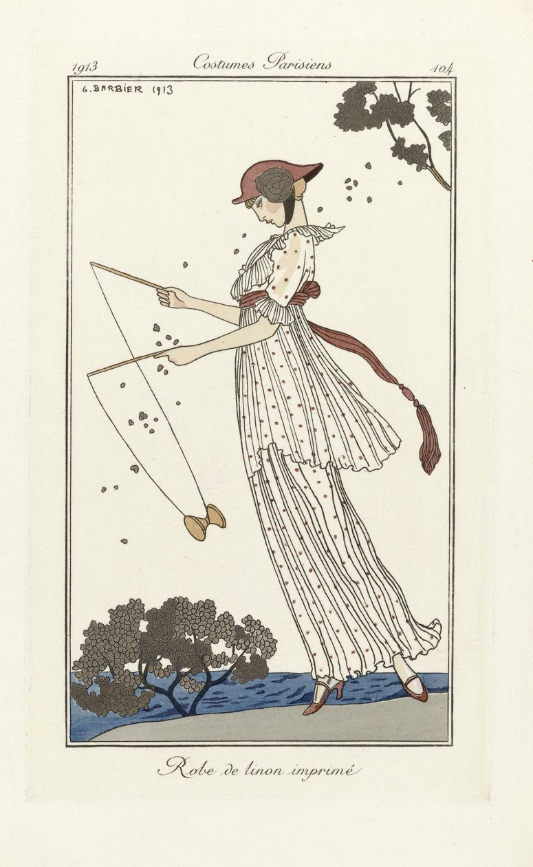 Vestido de Linho Impresso, de Costumes Parisien, pub.1913 (estampado a stencil) de Georges Barbier