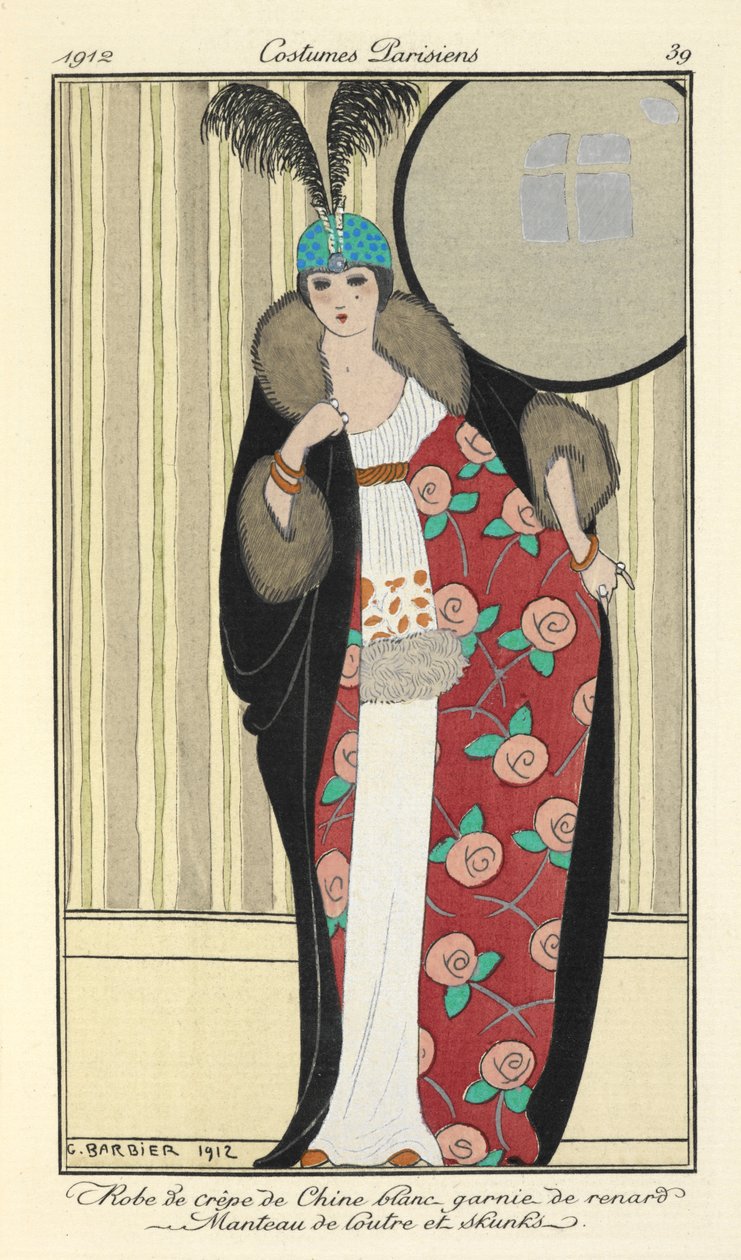 "Vestido de crepe de Chinês branco aparado com raposa. Casaco de lontra e gambas," de Georges Barbier