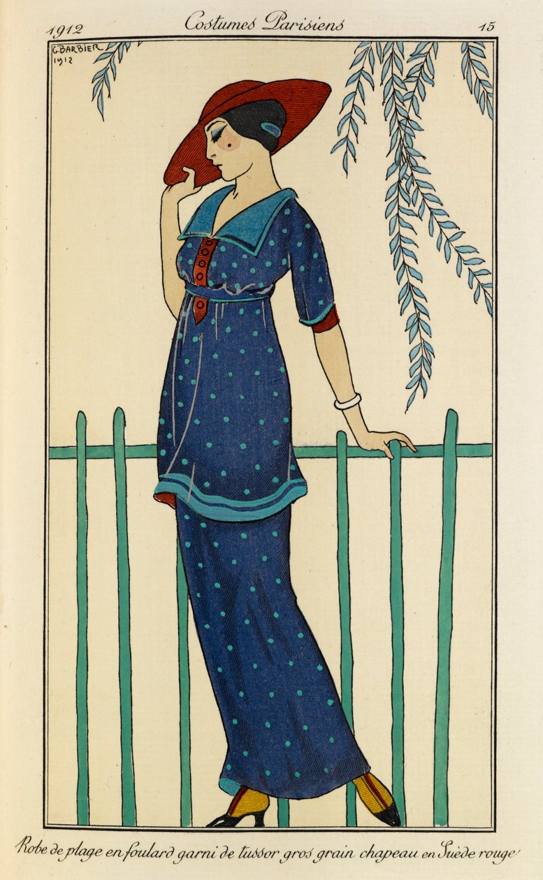 Robe de plage en foulard garni de tussor gros grain chapeau en Suède rouge. Fantasias Parisiens no.15. Mulher com um vestido de praia e um lenço de seda crua aparado com grosgrain em azul manchado e um chapéu vermelho. de Georges Barbier