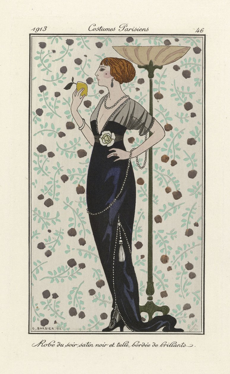 Vestido de noite de cetim preto e tule com bordas brilhantes, da Costumes Parisien, pub.1913 (estêncil estampado) de Georges Barbier